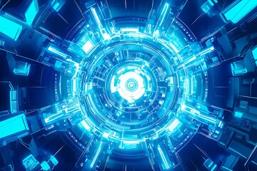 Obraz premium Abstract close-up of a glowing blue digital circuit board, showcasing intricate connections and technological design on a black background. 