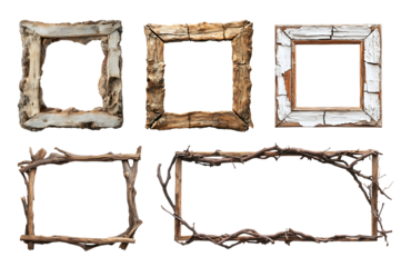 Set of square rectangle twigs branches wooden rustic sign frame wood on transparent background cutout PNG. Many assorted different Mockup template for artwork design