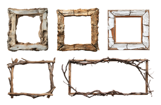 Set of square rectangle twigs branches wooden rustic sign frame wood on transparent background cutout PNG. Many assorted different Mockup template for artwork design