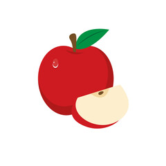 Apple with drop food icon. Red apple fruit whole and half. Healthy lifestyle. Vector illustration in flat style. Apple and slice isolated on white background.