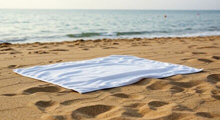 Obraz premium White Towel Lying on Beach Sand Near Ocean Water
