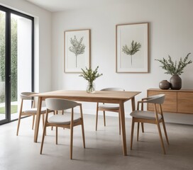 A rustic wooden dining table with a rich, dark finish, featuring a smooth surface and sturdy legs, surrounded by elegant chairs in a cozy dining room.