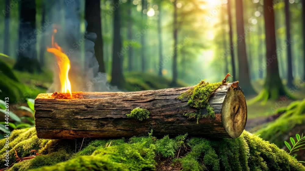Aufkleber Serene forest scene A burning log on a mossy bed with soft sunlight filtering through the trees.
