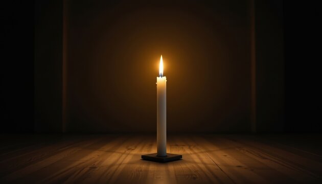 A single white candle stands tall in the center of a dark, empty room, its flickering flame casting shadows that dance along the walls, creating an atmosphere of calm and serenity amidst the darkness.