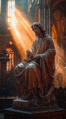 Fototapeta premium Sacred sculpture illuminated by warm sunlight in a serene cathedral setting