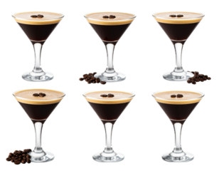 Espresso Martini cocktail with coffee bean garnish transparent PNG set bundle, isolated background.