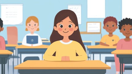 Student, A girl is sitting at a desk in a classroom with other students
