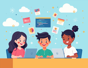 Kids coding together with laptops and floating icons