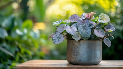 Silver Potted Plant on Wood Table with Heart Shaped Leaves in Soft Bokeh Garden