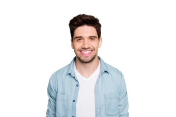 Close up photo of amazing macho guy revealing perfect white teeth wear casual denim shirt isolated over green color background