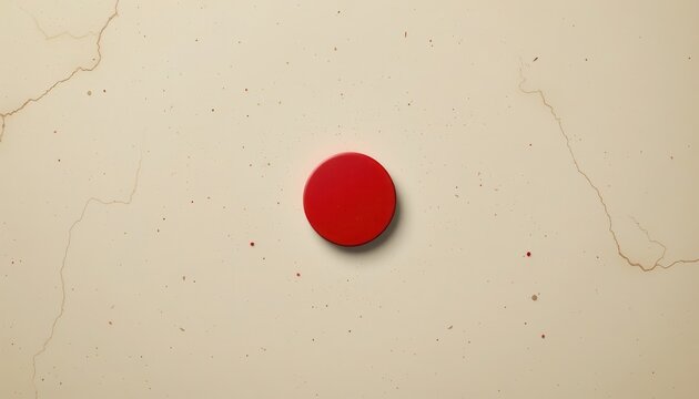An off centered red circle sits atop a textured cream background, creating a striking contrast of color and shape.