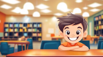 Student, A boy is sitting at a table in a library