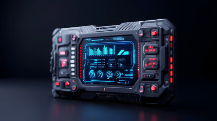 Fototapeta premium Futuristic tech device with mechanical details glowing blue, isolated on black background