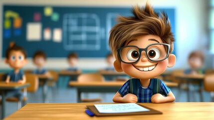 Student, A cartoon boy with glasses is sitting at a desk in a classroom