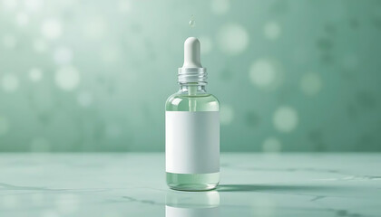Mockup of a facial serum dropper bottle. The transparent glass bottle has a blank white label with a green background.
