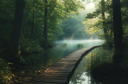 Quiet forest boardwalk opening up to a glassy lake with visible riverbed stones