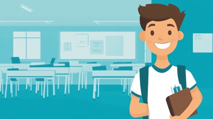 Student, A young man is smiling and holding a book in front of a classroom