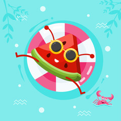 watermelon slice character is in the swimming pool enjoying summer with a crab