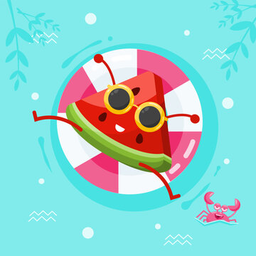 watermelon slice character is in the swimming pool enjoying summer with a crab