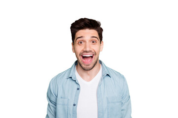 Close up photo of amazing macho guy revealing perfect white teeth looking on unbelievable low...