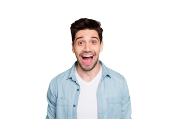 Close up photo of amazing macho guy revealing perfect white teeth looking on unbelievable low prices wear casual denim shirt isolated over green color background
