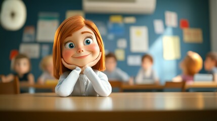 Student, A cartoon girl is sitting at a desk with her hands on her knees