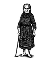 Obraz premium Elderly woman barefoot with a cane standing woodcut vintage black and white illustration