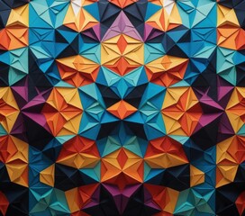 Obraz premium A vibrant, colorful origami-style background featuring an array of overlapping triangles in various shades, creating a dynamic and eye-catching design.