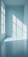 Fototapeta premium A spacious, empty room featuring vibrant blue walls and a matching blue floor, illuminated by soft natural light streaming through a large window.