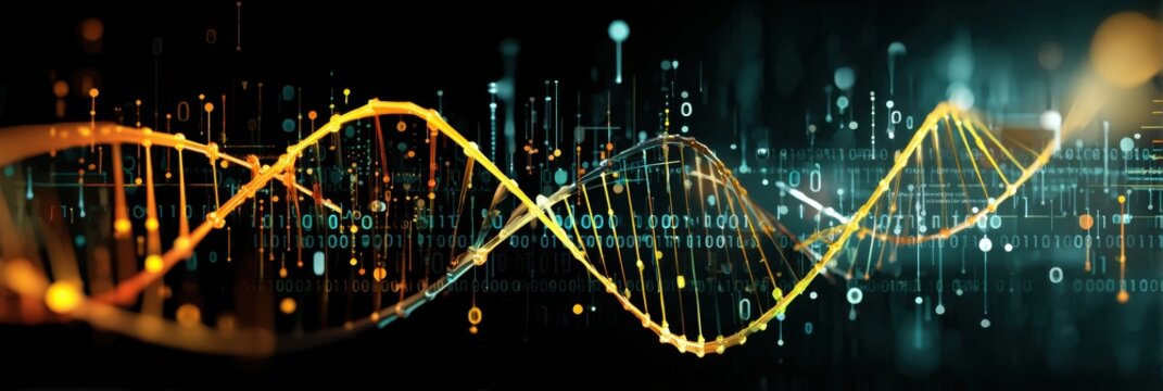 Digital DNA Helix Constructed From Lights and Binary Code Showcasing the Fusion of Biology and Technology in a Futuristic Design