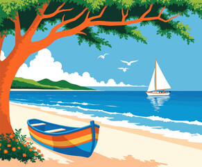 Seaside Serenity: Sailboat, Rowboat, and Orange Tree Scene