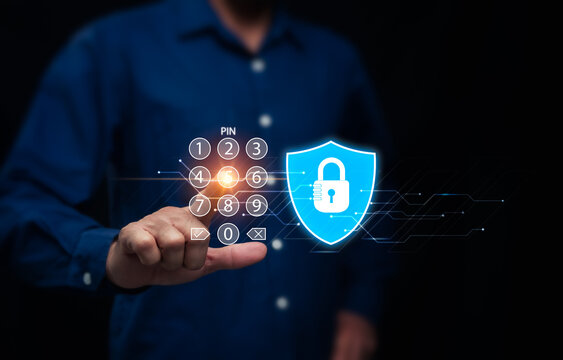 Digital security by entering a numeric code to unlock. Protecting sensitive data in financial transactions. Accessing online technology. Business people access the world's most secure software. - Powered by Adobe