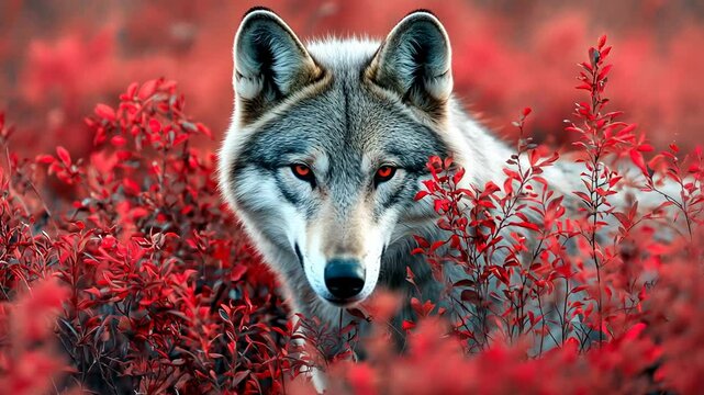 Majestic Wolf Amid Vibrant Red Foliage in Enchanting Landscape