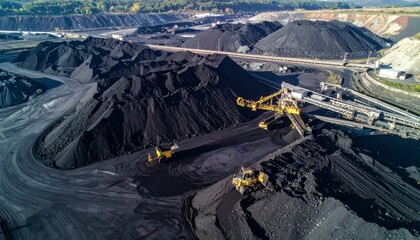 Aerial View Of A Coal Mine With Heavy Machinery And Large Coal Piles
