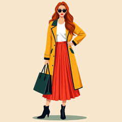 Stylish redhead in yellow coat, red skirt, black boots