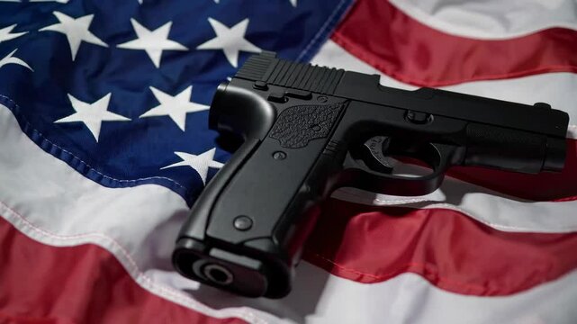 Handgun resting on american flag symbolizing patriotism and second amendment rights