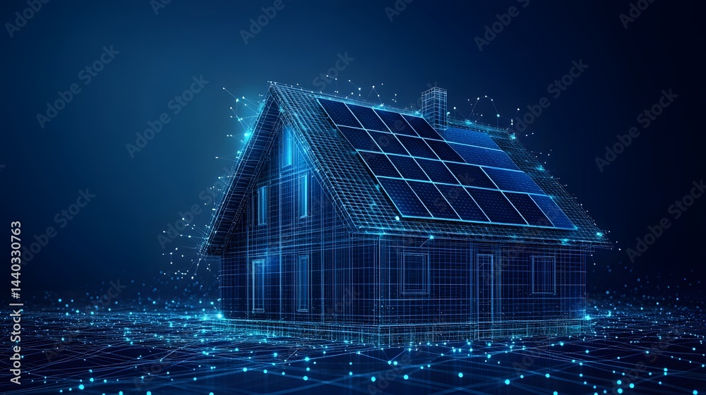 Poster Futuristic house design with solar panels and a glowing wireframe structure. Highlighting sustainable energy and innovative architecture. Abstract wireframe in dark blue.