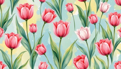 Obraz premium The delicate watercolor pattern features intricate tulip flowers with soft, flowing stems that give the design a graceful and elegant appearance.