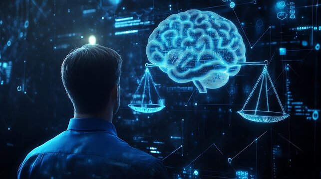 A businessman wearing a blue shirt engaging with virtual icons of law, justice scales, and a brain on a digital interface against a dark background - Powered by Adobe