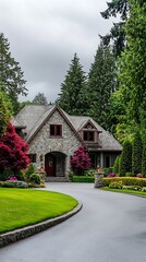 Stone clad house with red trim, gray tiled roof, verdant lawn and overcast sky