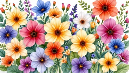 A beautiful array of flowers in various colors and shapes, painted in a seamless and soft watercolor technique that flows effortlessly from one bloom to the next