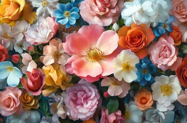 Realistic close-up of a wildflower, with an artistic background of roses in multiple colors