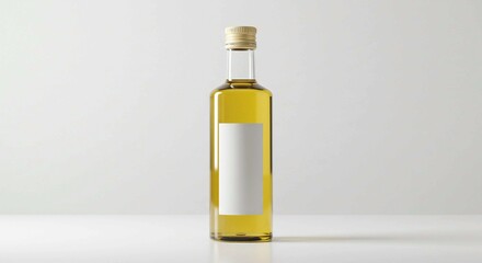 Fototapeta premium Golden Olive Oil Bottle, Clear Glass Container