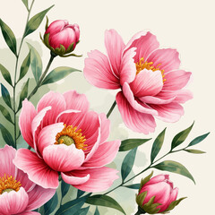 Watercolor Pink Peonies and Buds with Green Leaves