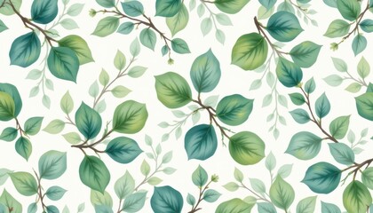The seamless pattern features delicate eucalyptus leaves painted in a calming soft green watercolor, creating a soothing and elegant design suitable for various artistic projects.