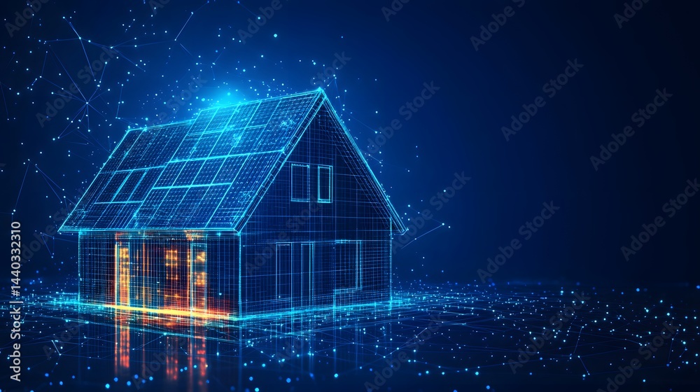 Poster futuristic digital house rendered in blue wireframe, glowing orange entryway contrasting with cool t