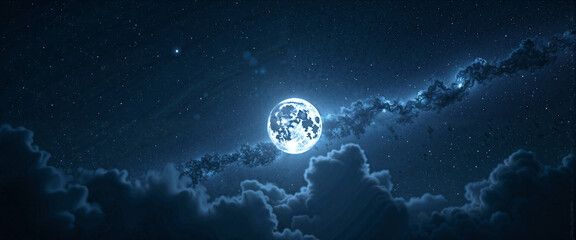Serene Night Sky Full Moon Stars and Wispy Cloudscape