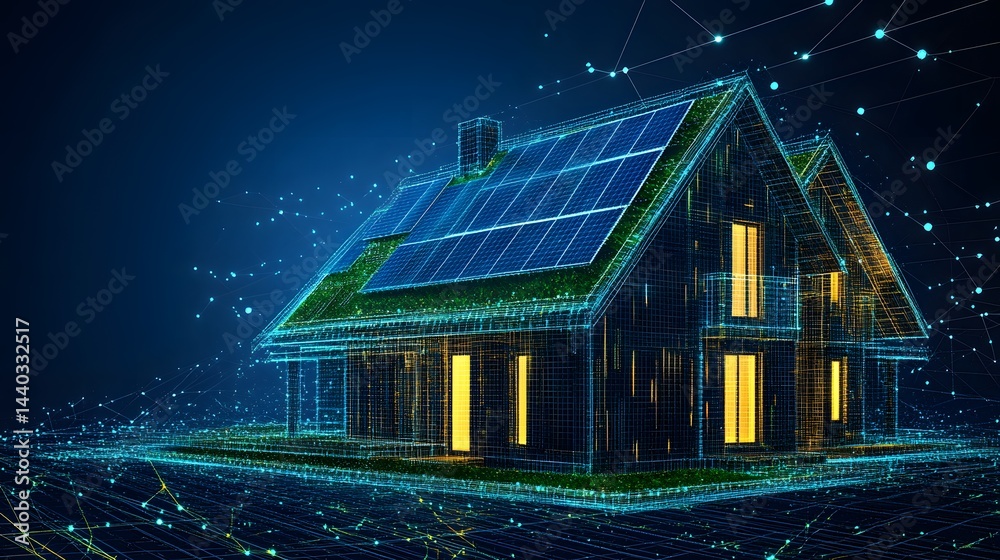 Poster digital house with blue solar panels, green vegetation, and glowing windows set against a deep blue 