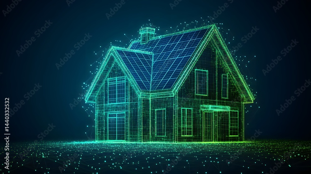 Poster A vibrant wireframe rendering of a modern two-story house, chimney included. Gradient lines create a futuristic feel, with scattered dots enhancing the tech aesthetic. Abstract wireframe in dark blue