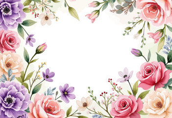Watercolor floral frame with pink roses and purple blossoms